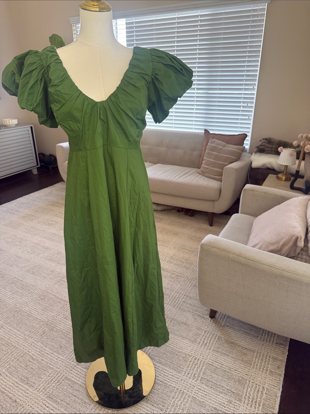 Abercrombie & Fitch Olive Puff-Sleeve V-Neck Midi Dress